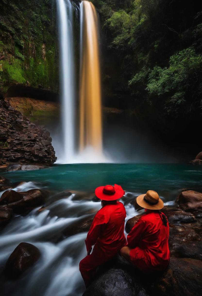 Equipe de rapel numa cachoeira se preparando para descer a cachoeira