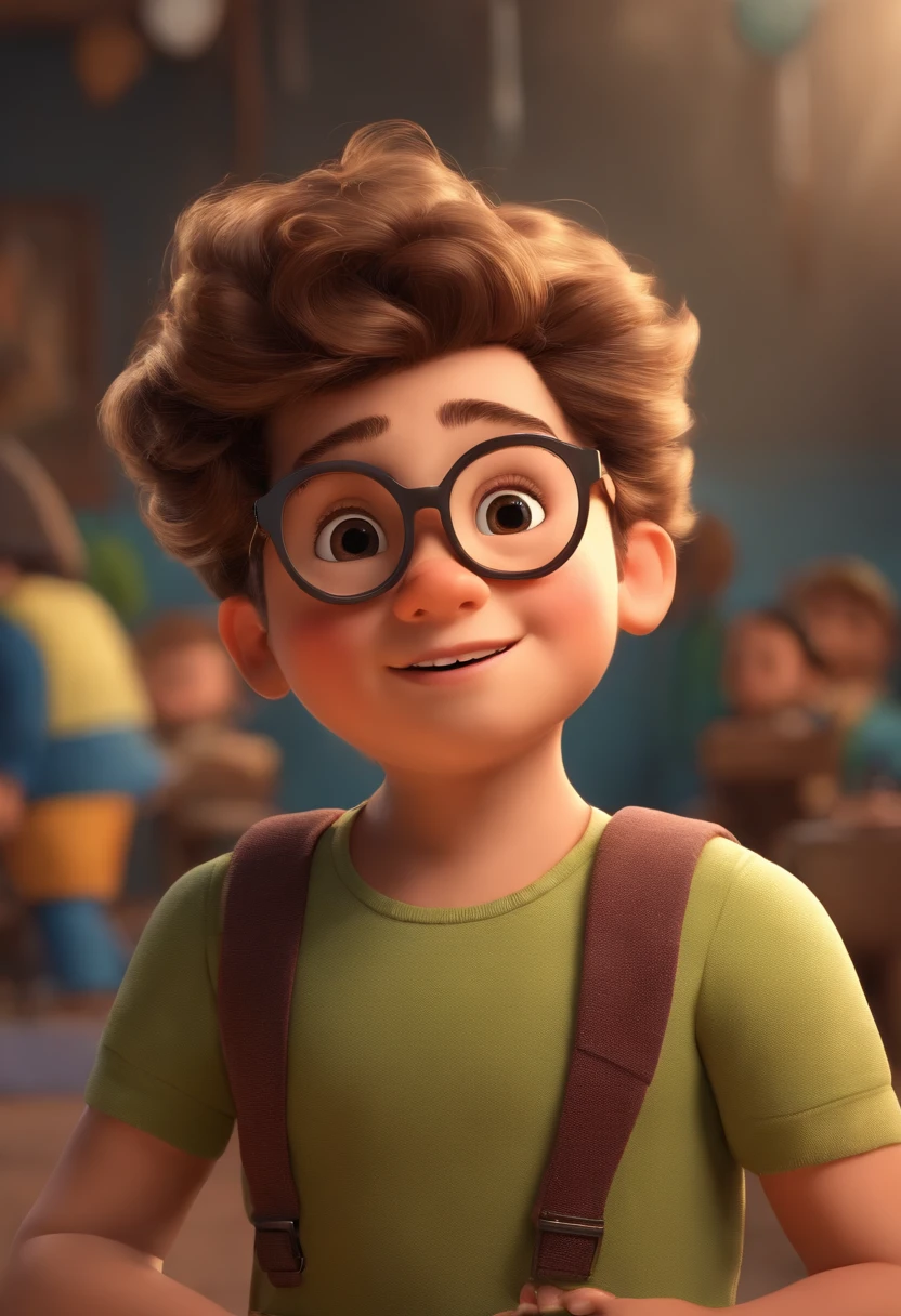 Image of a child for a story in a YouTube video in Pixar format, It's the little allabester, He's the leader of the class, Es extrovertido, Playful and gets up for many things, he has glasses and abundant hair and is chubby but not so fat, he points out several girls with grief on his face