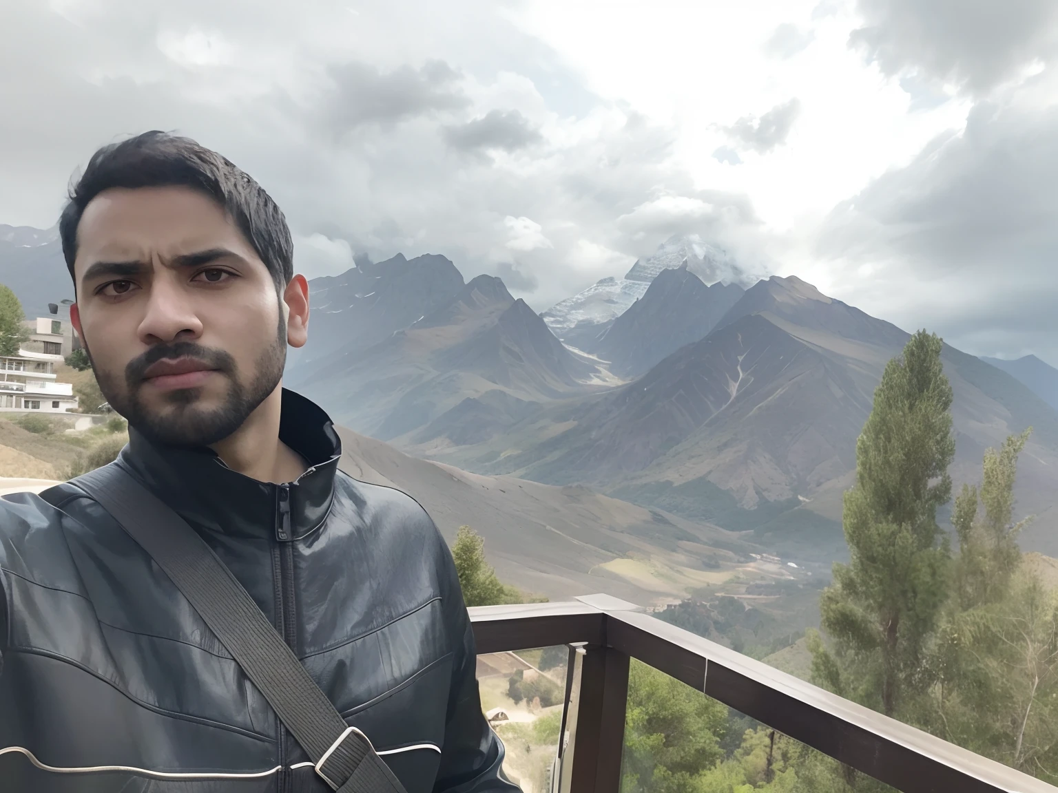 arafed man in black jacket standing on balcony with mountains in background, with mountains in background, with mountains in the background, moutain in background, very very low quality picture, with mountains as background, in mountains, mountains in the background, ash thorp khyzyl saleem, with mountains in the distance, standing in front of a mountain