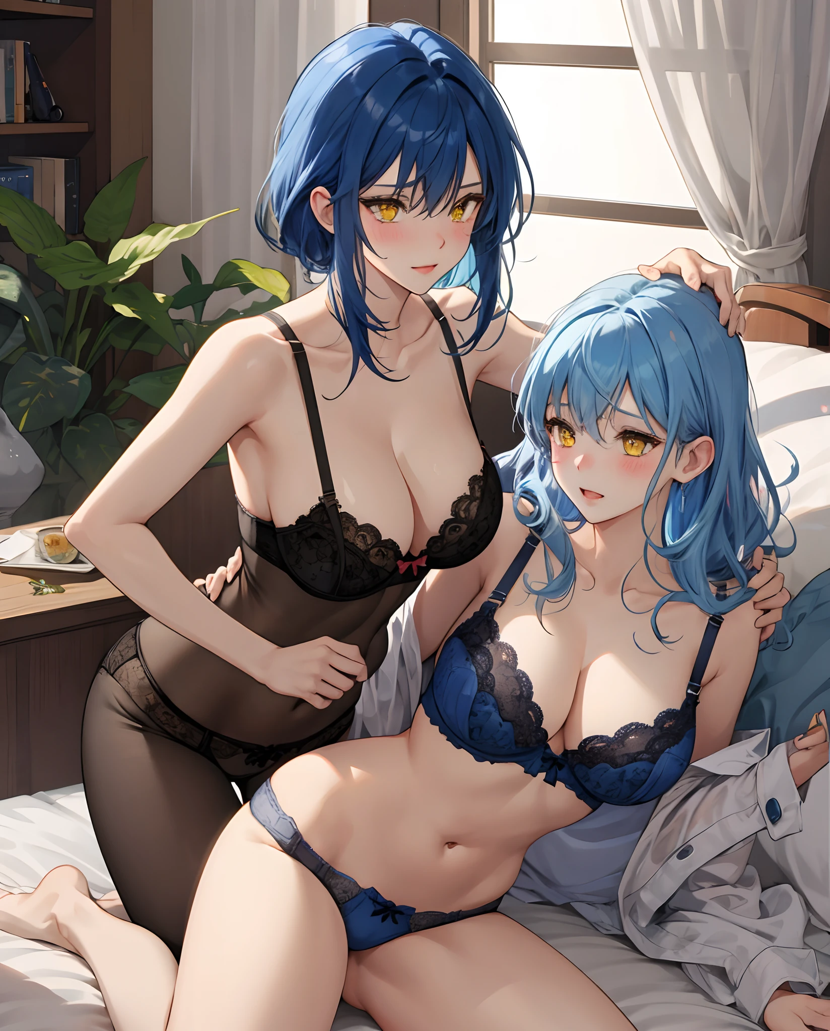 Girl in bed big booba goblin on top girl blushing sliming blue hair yellow eyes with bra in her hand lowering her panties