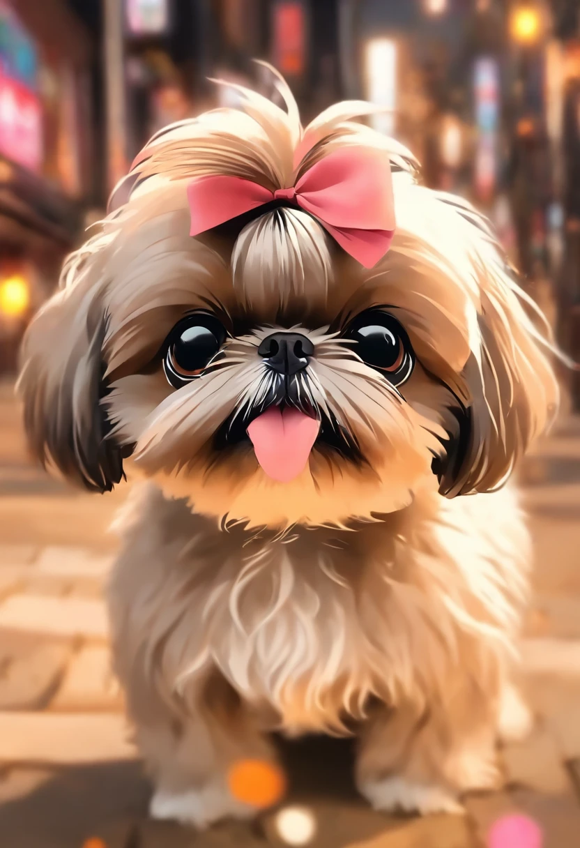 There's a small beige shih tzu dog, Mixed ears in brown and black colors at the tips with a pink bow on the head, pelagem longa, bonita precisa de sua ajuda, Looking towards the camera, queixo pequeno, taken with sony a7r camera, olhar desleixado, Oi, monochrome black and white, lovingly looking at camera
