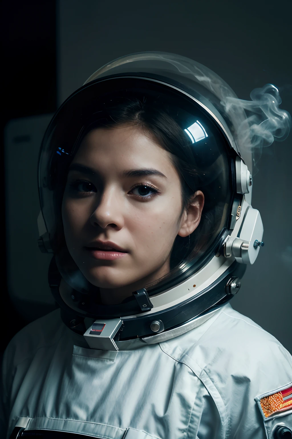 A closeup of a person in a spacesuit with smoke coming out of their head, Retrato de um astronautaa de IA, electric cyberpunk astronaut, Retrato de um astronautaa, astronautaa futurista, traje espacial empoeirado, astronautaa assustador, astronauta, Vaporwave Sci - Fi, astronaut lost in liminal space, Retrato do astronautaa, tokusatsu terno vaporwave, traje espacial