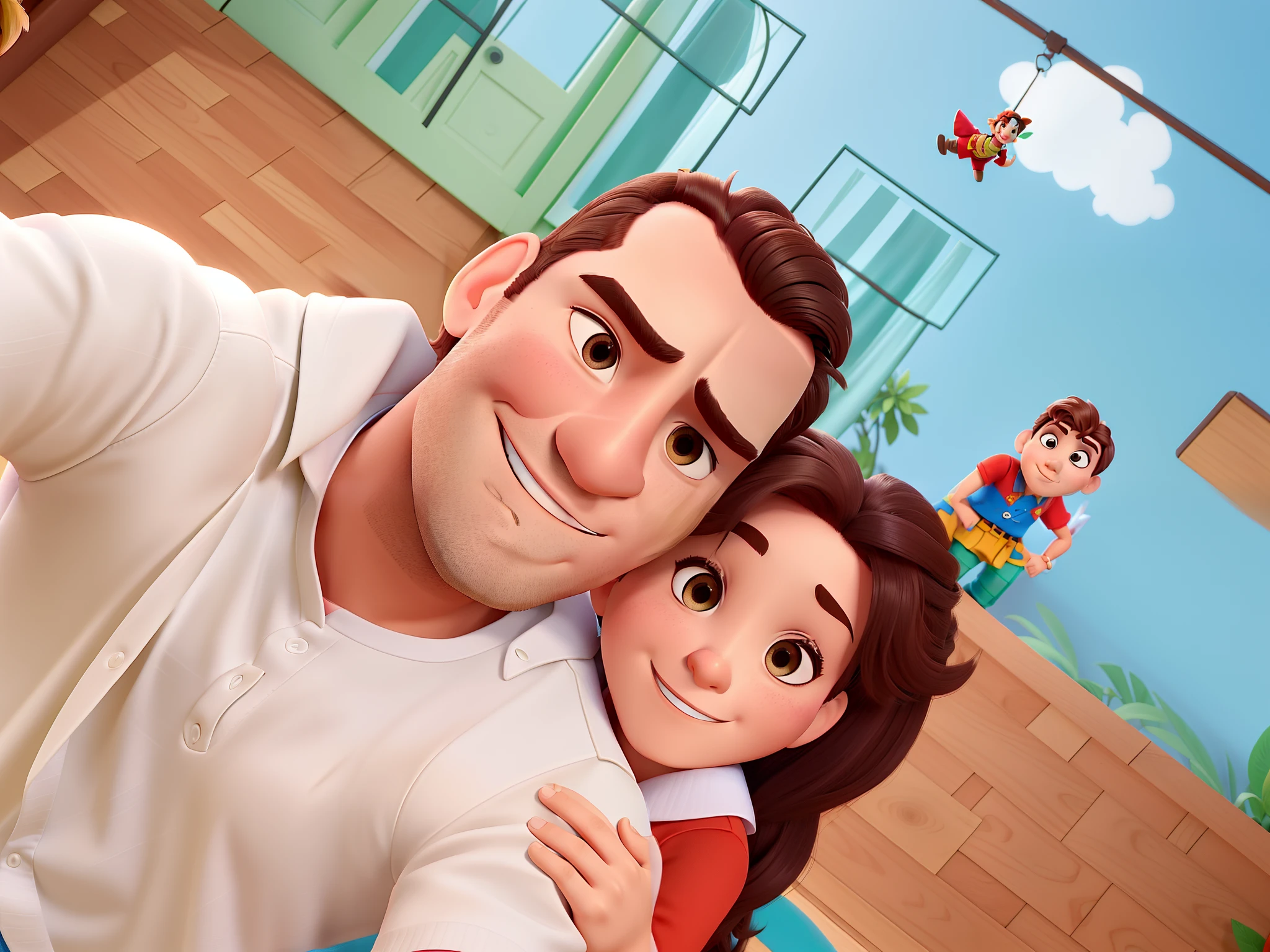 Casal (homem moreno e mulher branca) no estilo Disney Pixar, alta qualidade, melhor qualidade.