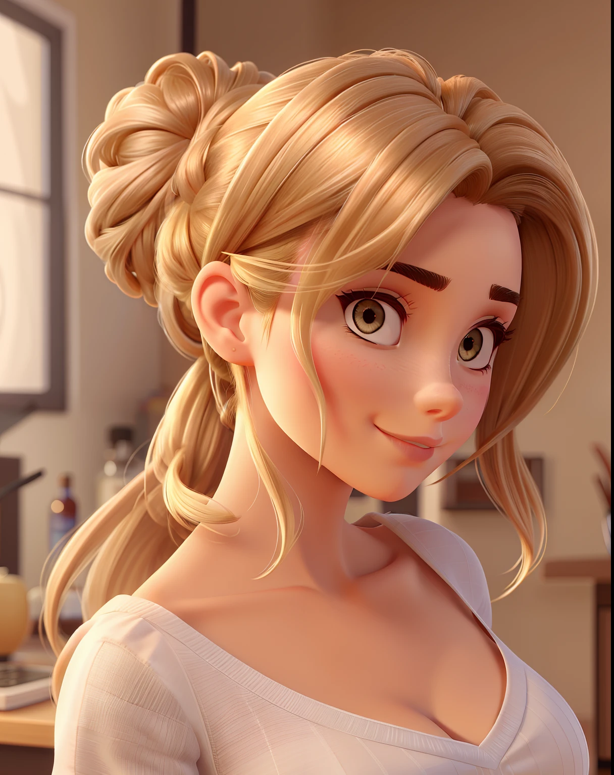 Beautiful woman, 29 anos, cabelo castanho liso, olhos castanhos, Hair tied in bun in the middle of the head and hair falling to the side.