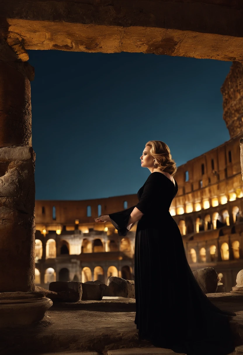 Adele com um vestido preto e detalhes brancos cantando "Skyfall" in Rome's colosseum with the sunset reflecting on your face