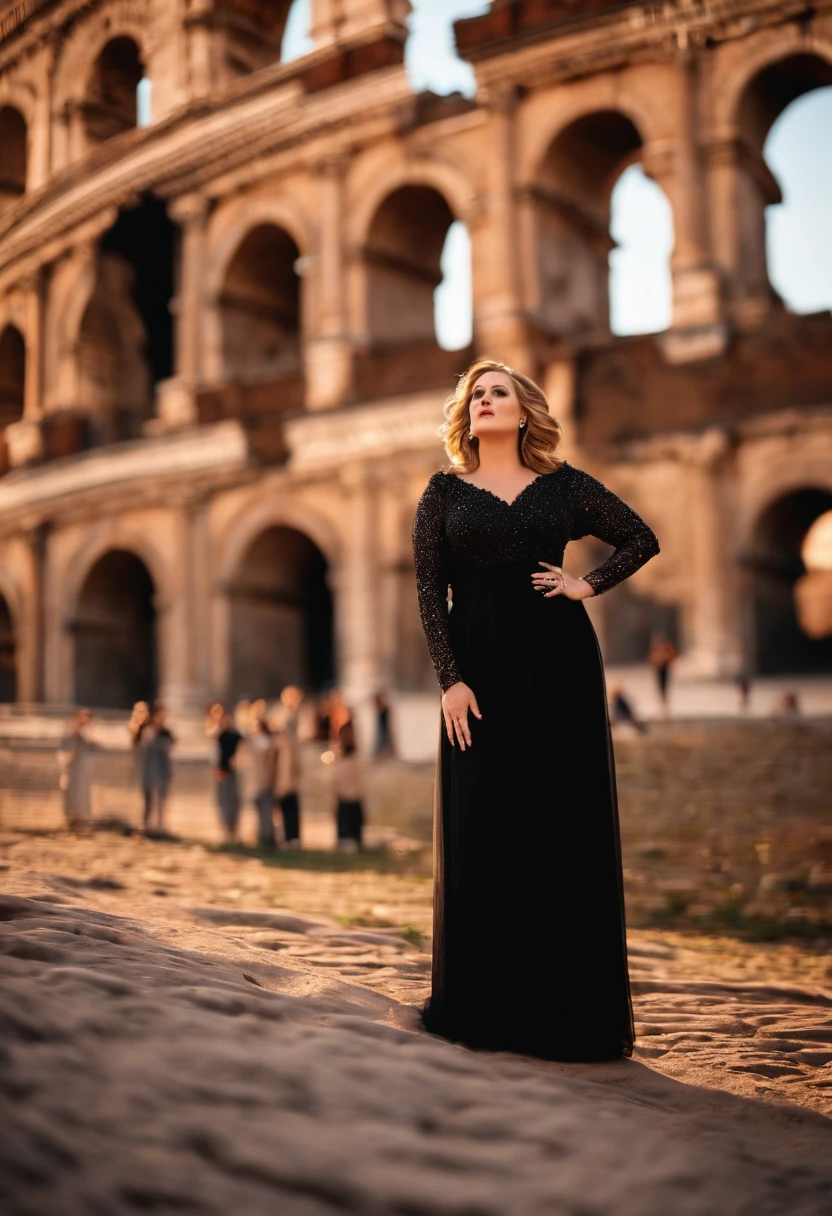 Adele com um vestido preto e detalhes brancos cantando "Skyfall" in Rome's colosseum with the sunset reflecting on your face