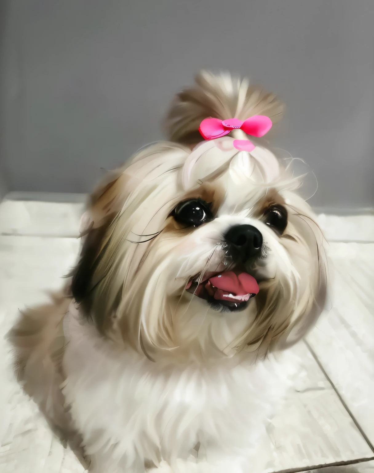 There's a small dog with a pink bow on its head, Shih Tzu, ela tem um rosto expressivo bonito, small dog, nariz rosa, Dog cute, ela tem um rosto bonito, wearing pink hair bow, nariz rosa pontiagudo longo, very cute features, bico bonito, cara boba fofa, com olhos bonitos, kawaii cute dog, queixo pequeno