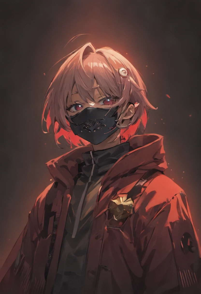 (Unidade CG ultra-detalhada papel de parede 8K, Master Parts, best quality, profundidade de campos, HDR), 1st grade, personagem de anime, cabelos prateados curtos, Cabo preto longo, turtleneck, Serious, Eye Mask, The mask is painted with a creepy smile, white mask, The mask fits snugly on the face, no topo de uma cidade velha (Noite) , vigilante, trained physicist, estilo assassino, roupas pretas por todo o corpo, agile, armadura leve, anime (Master Parts: 1.4) (illustration: 1.4), red studio lighting, Post-processing, 8K resolution, fundo escuro profundo, imponente, Fotos bem compostas, impressionante, (escurecer: 1.5)