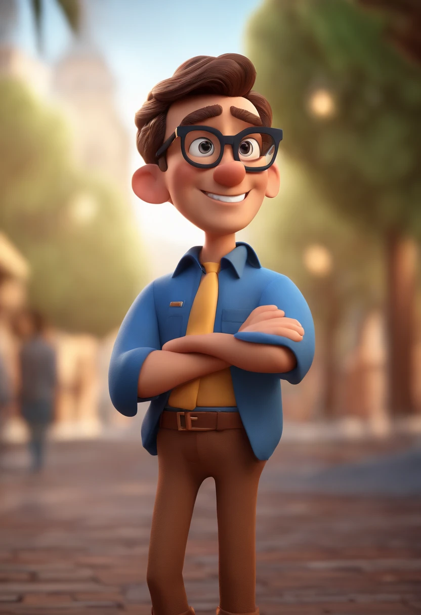 Cartoon character of a man with black glasses and a blue shirt, animation character, Caractere estilizado, animation style rendering, 3D estilizado, Arnold Maya render, 3 d render stylized, toon render keyshot, Personagem 3D, Personagem 3D, 3d rendering stylized, 3 d character render, personagem de desenho animado, Personagem de close up, Pose de personagem,  (Estilo Pixar) (master part:1.2) (Bokeh) (best quality) (pele detalhada) (textura detalhada) (8k) (argila) (Cinematic lighting) (foco nítido