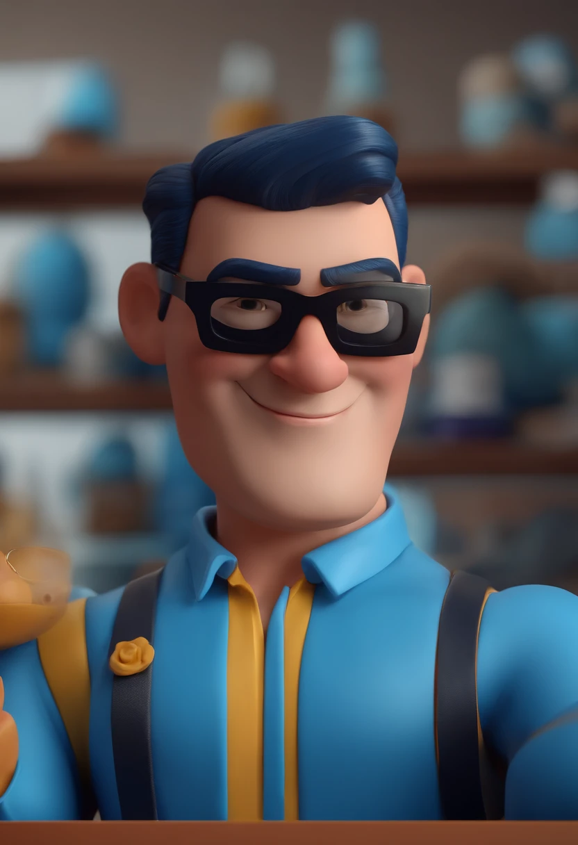 Cartoon character of a man with black glasses and a blue shirt, animation character, Caractere estilizado, animation style rendering, 3D estilizado, Arnold Maya render, 3 d render stylized, toon render keyshot, Personagem 3D, Personagem 3D, 3d rendering stylized, 3 d character render, personagem de desenho animado, Personagem de close up, Pose de personagem, (Estilo Pixar) (master part:1.2) (Bokeh) (best quality) (pele detalhada) (textura detalhada) (8k) (argila) (Cinematic lighting) (foco nítido