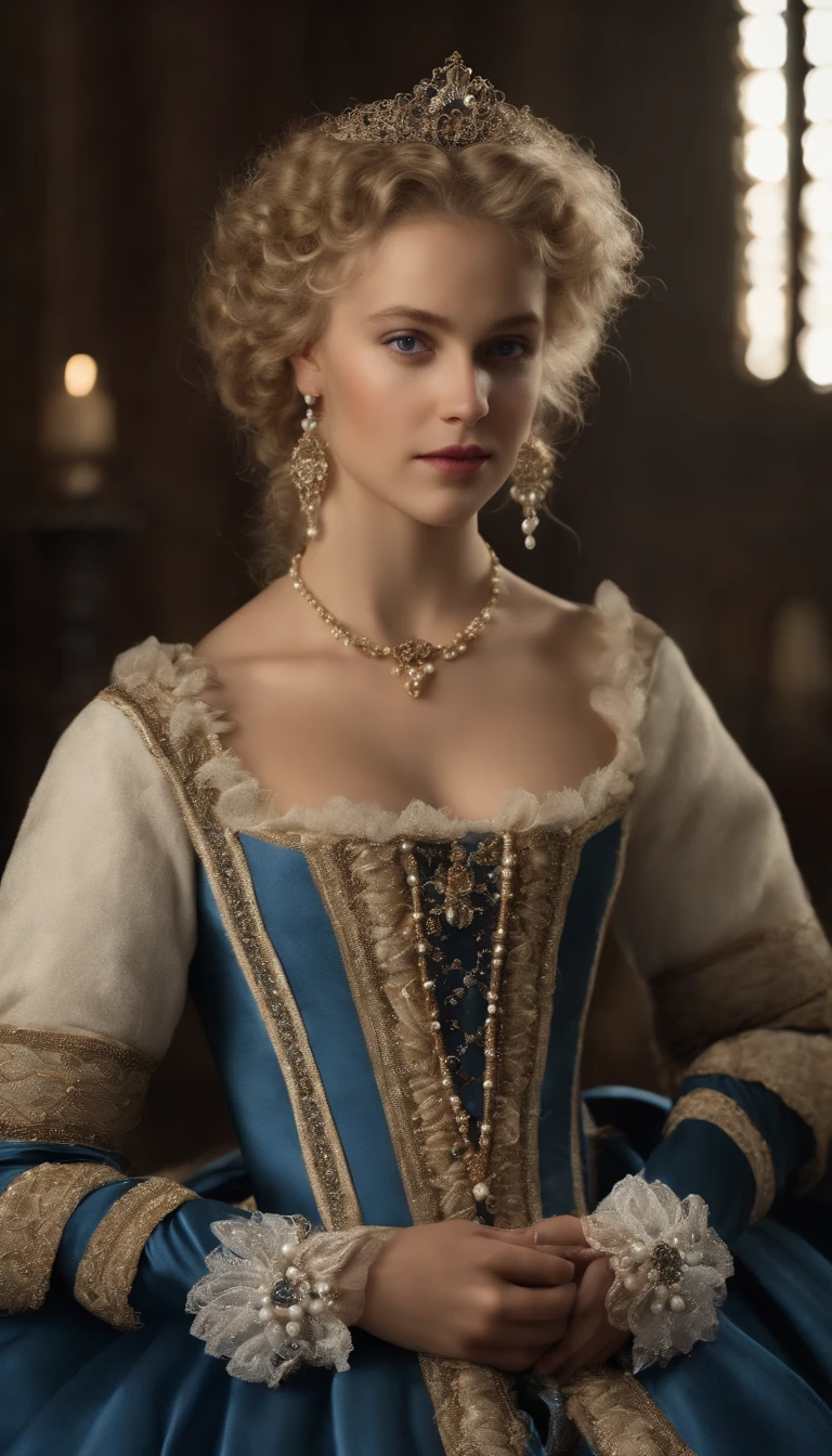 Imagem de um menino Valois, a young French courtesan of the sixteenth century of the thirteenth century, de anos, com sua beleza e charme . Blonde with white hair and beautiful expressive blue curly eyes with small strands and braids. She is dressed in an exquisite dress with white details with pearls and gold, com um decote mergulhante e ombros a mostra. Joias finas, colar com muitas perolas e safiras, brincos de perolas e aneis em seus dedos. (melhor qualidade,ultra-realistic:1.2),A high resolution ,ultra-detalhado,
