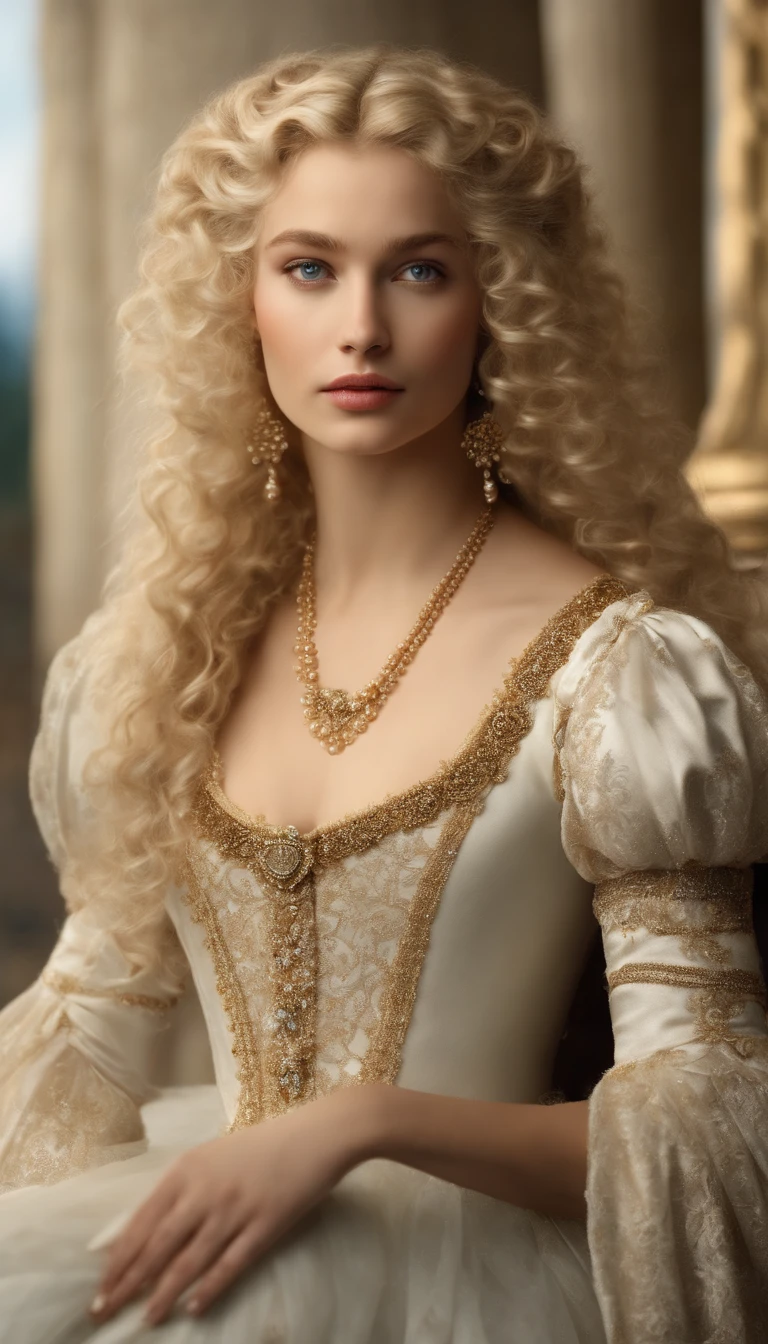 Imagem de um menino Valois, a young French courtesan of the sixteenth century of the thirteenth century, de 16 anos, com sua beleza e charme . Blonde with white hair and beautiful expressive blue curly eyes with small strands and braids. She is dressed in an exquisite dress with white details with pearls and gold, com um decote mergulhante e ombros a mostra. Joias finas, colar com muitas perolas e safiras, brincos de perolas e aneis em seus dedos. (melhor qualidade,ultra-realistic:1.2),A high resolution ,ultra-detalhado,