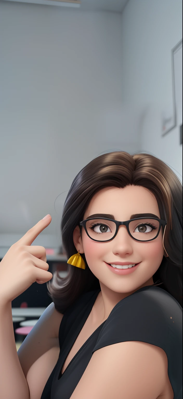 Uma mulher de 18 anos, com longos cabelos castanhos escuros , Rosto redondo, sorriso encantador, e olhos castanhos, In a classroom, studio lighting, sign language interpreter and sign language teacher. She's wearing black clothes, blouse and black jeans