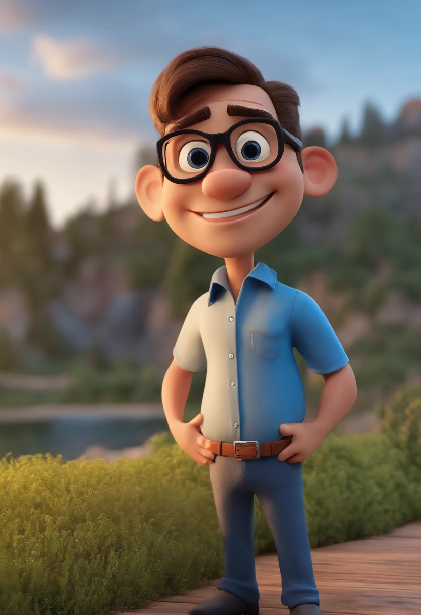 Cartoon character of a man with black glasses and a blue shirt, animation character, Caractere estilizado, animation style rendering, 3D estilizado, Arnold Maya render, 3 d render stylized, toon render keyshot, Personagem 3D, Personagem 3D, 3d rendering stylized, 3 d character render, personagem de desenho animado, Personagem de close up, Pose de personagem,  (Estilo Pixar) (master part:1.2) (Bokeh) (best quality) (pele detalhada) (textura detalhada) (8k) (argila) (Cinematic lighting) (foco nítido