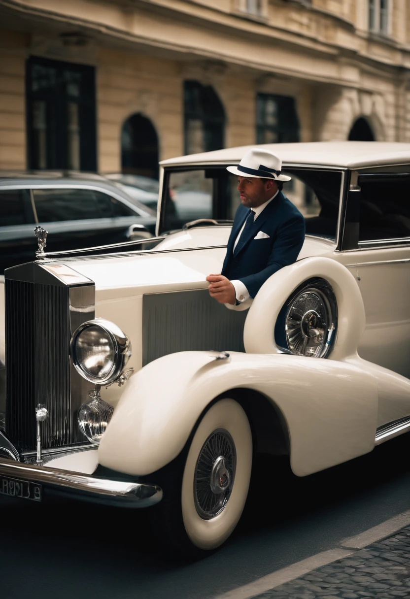 a 30 year old man, fat, very well dressed, with a beautiful white suit, with a white shirt, a blue tie, wearing a white hat, with black shoes, with the posture of being a very rich man and, in a way , from a very large intelligentsia, with a Rolls-Royce 1962 Phantom V Seven-Passenger limousine on the streets of Vienna, Austria