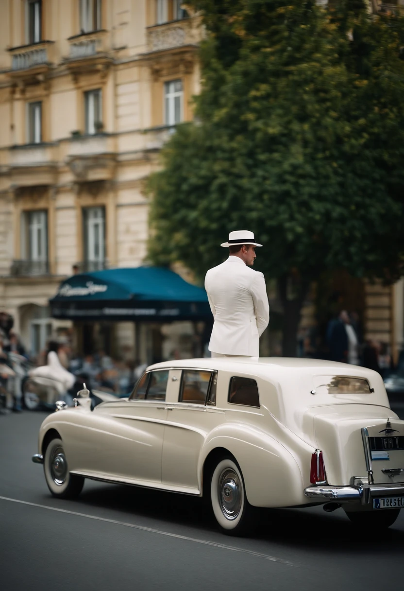a 30 year old man, fat, very well dressed, with a beautiful white suit, with a white shirt, a blue tie, wearing a white hat, with black shoes, with the posture of being a very rich man and, in a way , from a very large intelligentsia, with a Rolls-Royce 1962 Phantom V Seven-Passenger limousine on the streets of Vienna, Austria