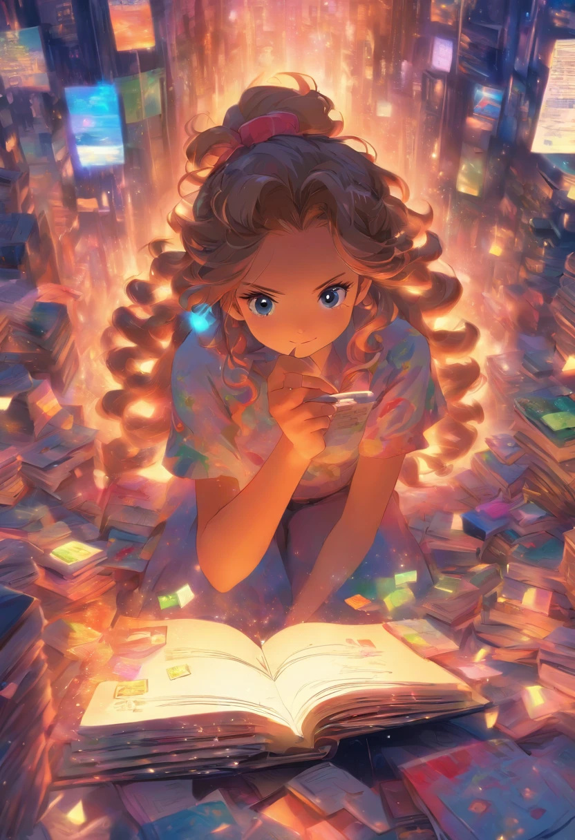 Very colorful and eye-catching image of young girl reading emails and messages from her notebook