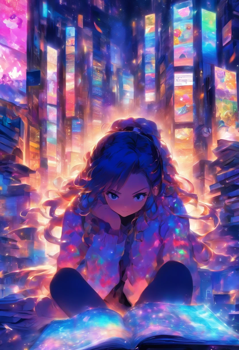 Very colorful and eye-catching image of young girl reading emails and messages from her notebook