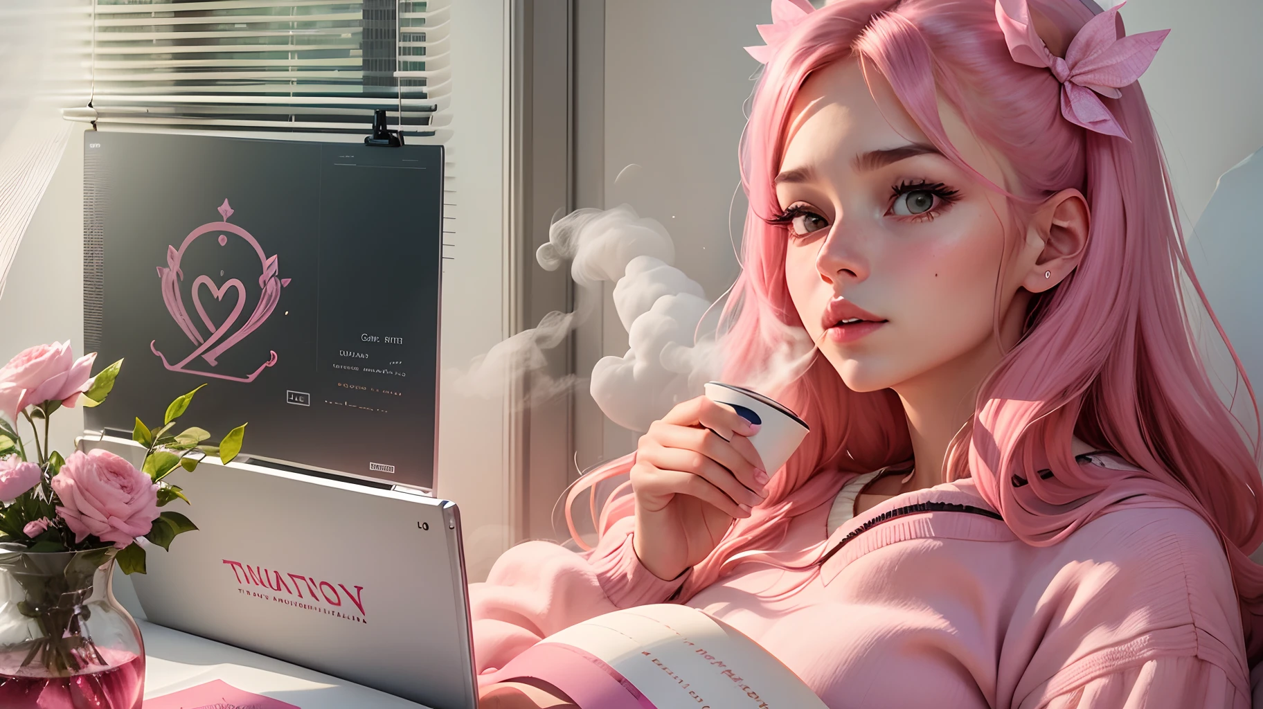 a woman sitting on a bed reading a book, 🎀 🍓 🧚, steaming coffee, poster, lv, triumphantly, pink, someone in home sits in bed, adorable and whimsical, looking in font of camera --auto --s2