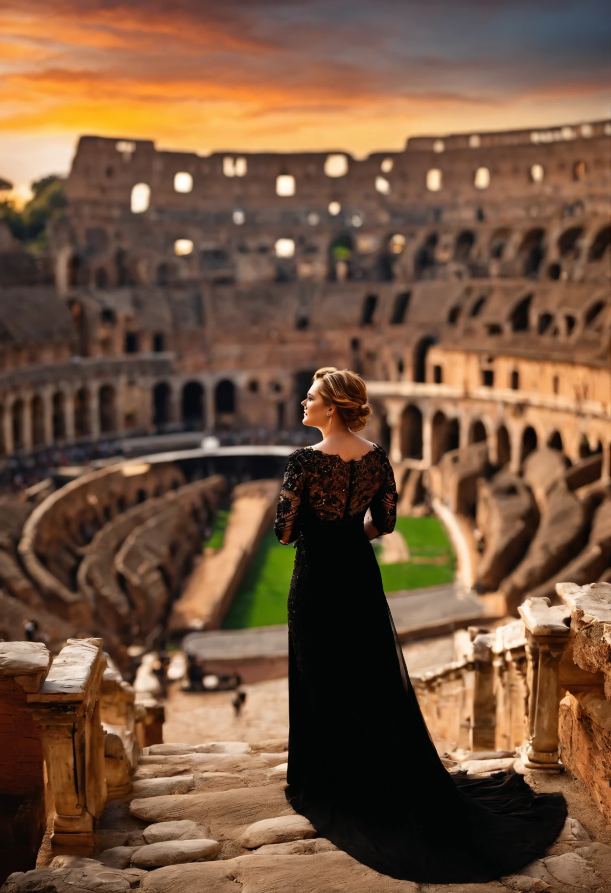 Adele com um vestido preto e detalhes brancos cantando "Skyfall" in Rome's colosseum with the sunset reflecting on your face