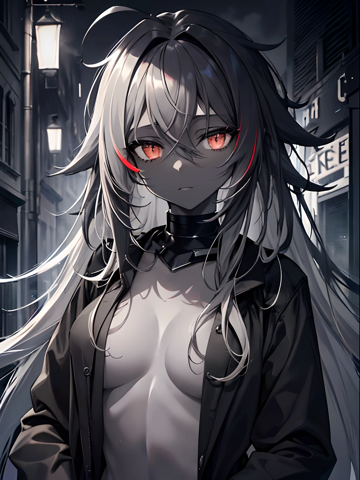 (masterpiece,best quality,ultra-detailed),1girl,black hair,dark gray hair,very long hair,messy hair,(((coloured skin, grey skin))),small chest,black coat,grey shirt,((grey theme)),in a dark street,night,dark ambient