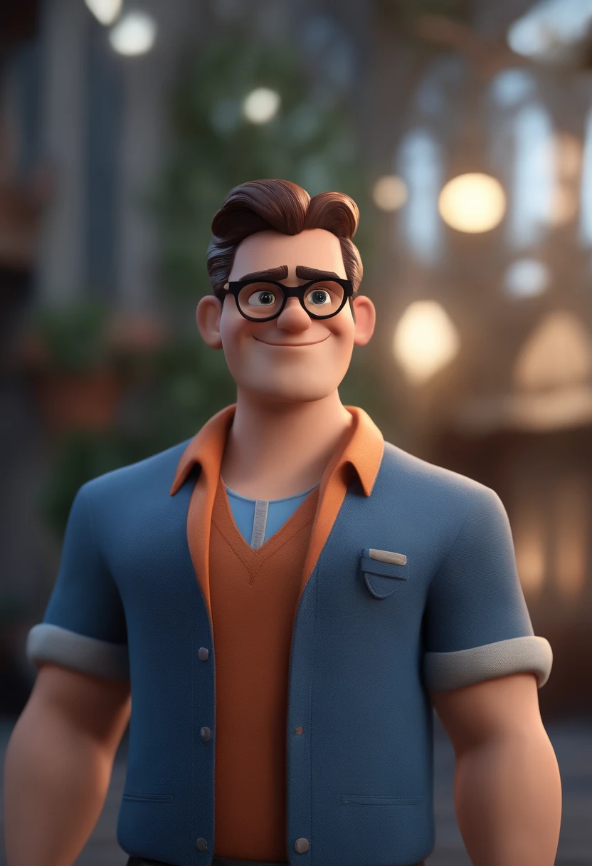 Cartoon character of a man with black glasses and a blue shirt, animation character, Caractere estilizado, animation style rendering, 3D estilizado, Arnold Maya render, 3 d render stylized, toon render keyshot, Personagem 3D, Personagem 3D, 3d rendering stylized, 3 d character render, personagem de desenho animado, Personagem de close up, Pose de personagem,  (Estilo Pixar) (master part:1.2) (Bokeh) (best quality) (pele detalhada) (textura detalhada) (8k) (argila) (Cinematic lighting) (foco nítido