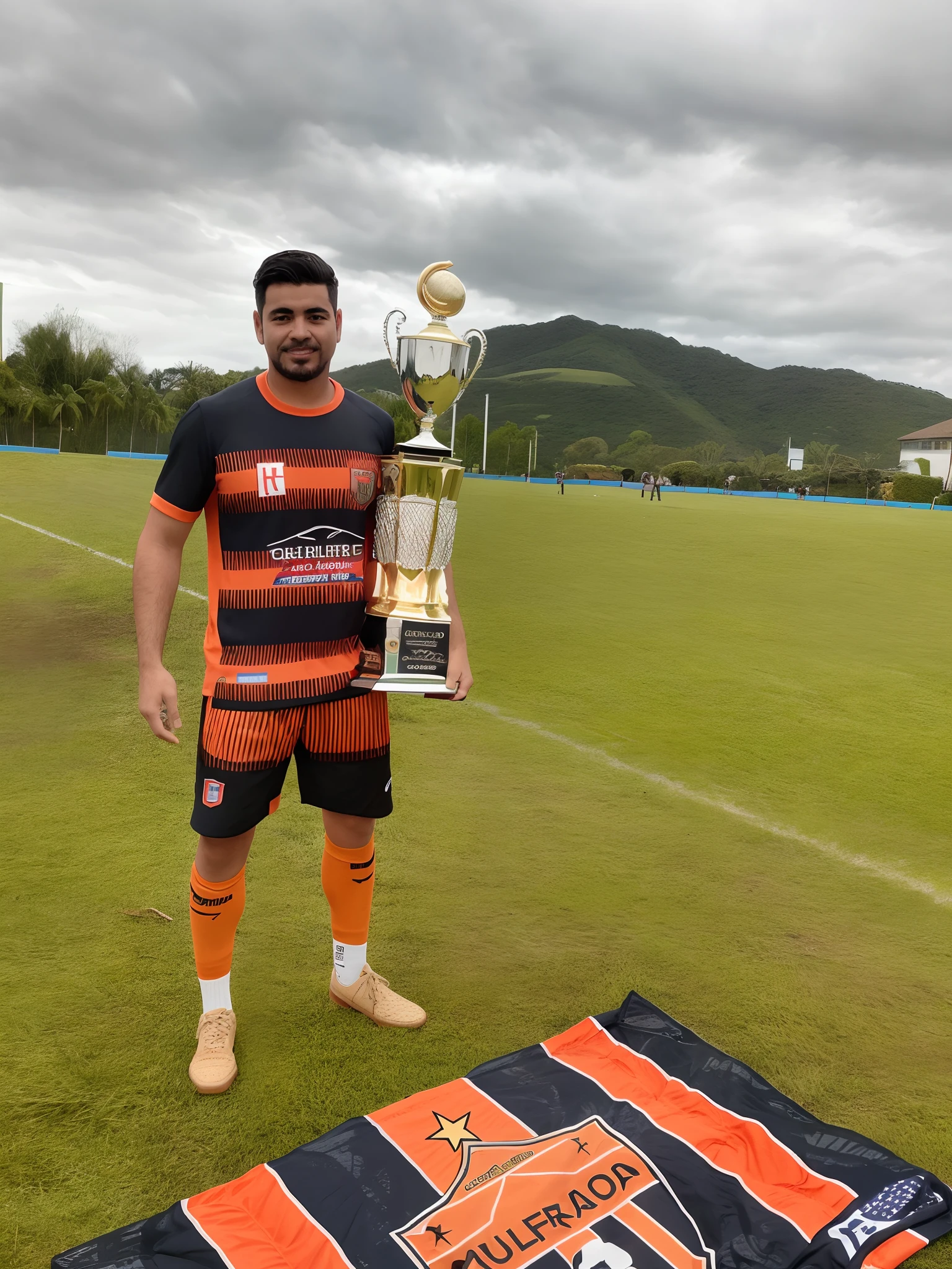 there is a man holding a trophy in a field with a flag, caio santos, octa 8k, carmelo blandino, daniel mirante, by Fernando Gerassi, mateus 9 5, competition winning, Henry Alvim Correa, joel torres, luis melo, ástor alexander, asher duran, lucas graziano, album photo