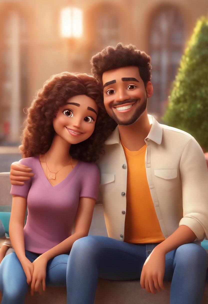 An illustration of an adorable couple, Highlight for a chubby mulatto man with glasses smiling and a brunette woman with beautiful expressive eyes - the man's skin is mulatto and the man's hair haswhile the woman's skin is black and the woman's hair is straight and brown. They are a bright room, cada um com um sorriso no rosto, e compartilhar um momento especial caracterizado pelo amor, Insights. Illustrate this scene from a perspective where they are facing the camera, Smiling and Showing Your Connection. Desenvolva esta arte em Full HD, Focus on your cinematic touch, Estilo Disney Pixar Animations