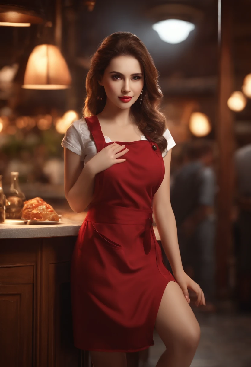 (()), (8k, RAW photo, best quality, masterpiece:1.2), (realistic, photo-realistic:1.37), ultra-detailed, full body, 1girl, solo, detailed restaurant, crowd people, night, full body, ((gigantic breasts, huge breasts)), beautiful detailed eyes, beautiful detailed lips, professional lighting, photon mapping, radiosity, physically-based rendering, extremely detailed eyes and face, beautiful detailed eyes, light on face, cinematic lighting, ((apron:1.4, wardrobe_error)), full-body shot, looking at viewer, indoors, working.