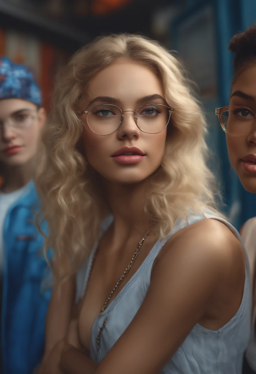 (best quality,4k,8k,highres,masterpiece:1.2),ultra-detailed,(realistic,photorealistic,photo-realistic:1.37),portraits,colorful,pop art,bright colors,studio lighting,Graffiti style,urban setting,cosmopolitan atmosphere,four close friends,A blonde girl with smooth white skin,curly-haired mixed race girl,a curly-haired white girl wearing glasses,and a straight-haired black mixed race girl with blue ends