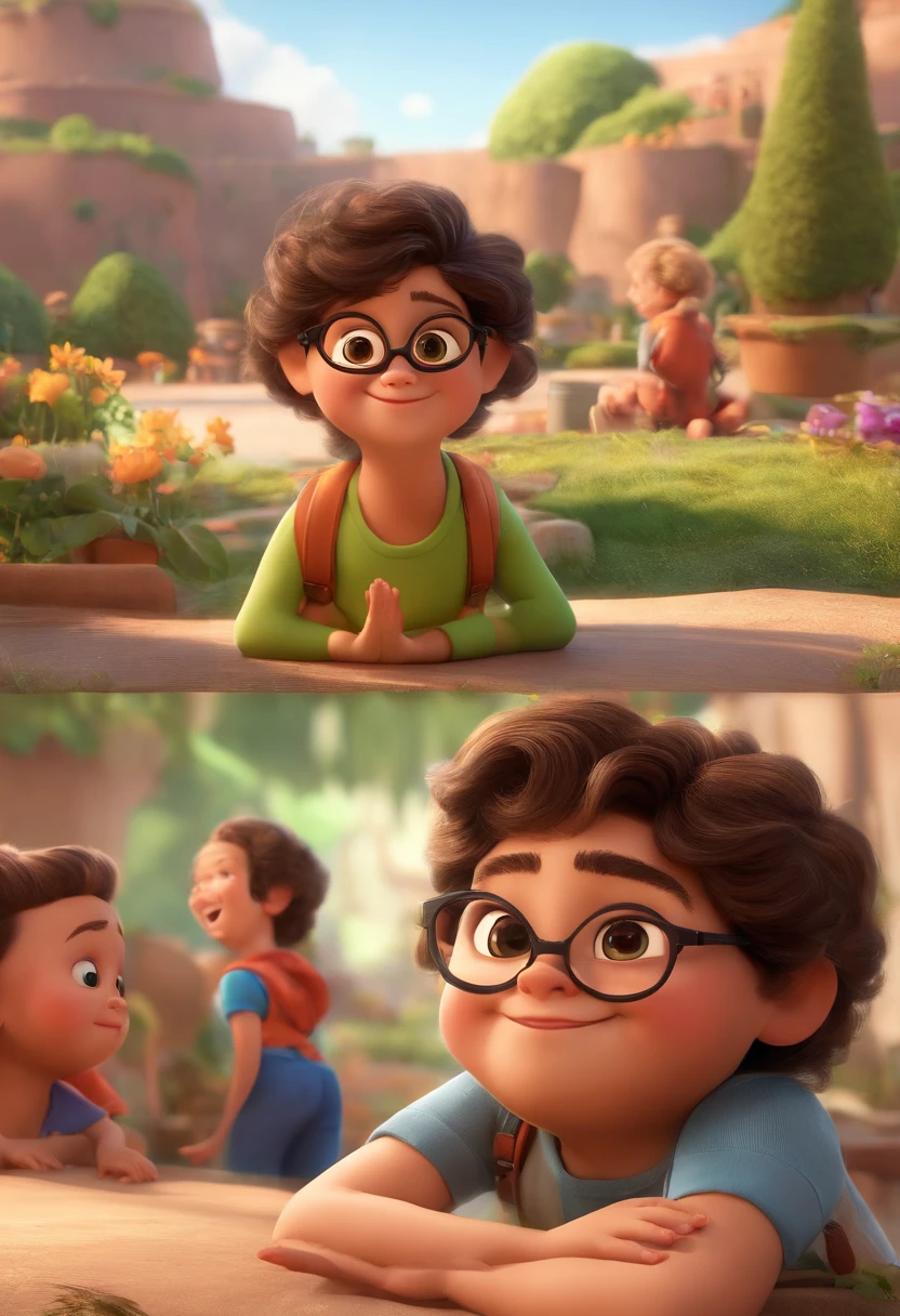 Image of a child for a story in a YouTube video in Pixar format, It's the little allabester, He's the leader of the class, Es extrovertido, Playful and gets up for many things, he has glasses and abundant hair and he is chubby but not so fat, he is in a place with several girls and looks at them with dismay on his face