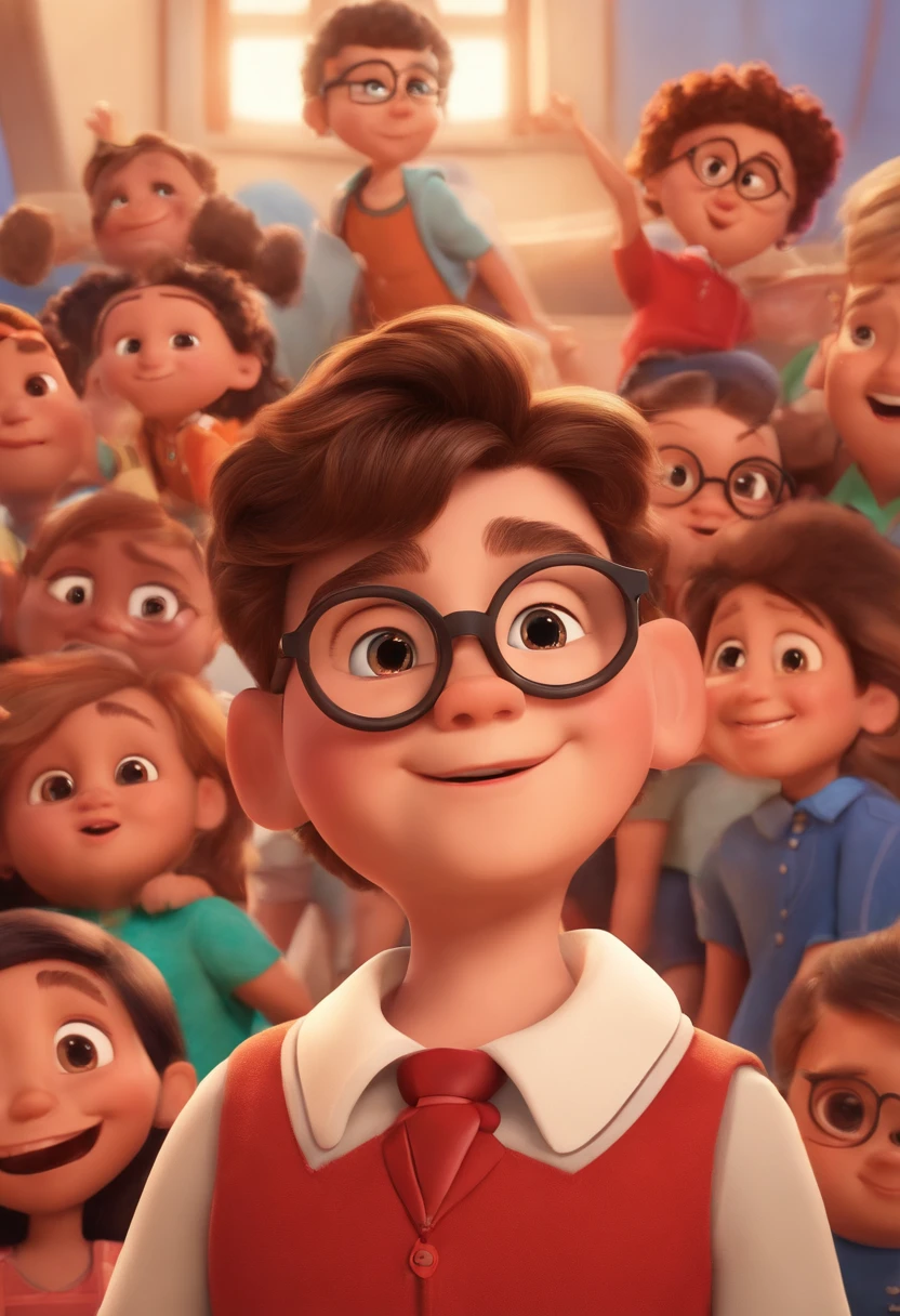 Image of a child for a story in a YouTube video in Pixar format, It's the little allabester, He's the leader of the class, Es extrovertido, Playful and gets up for many things, he has glasses and abundant hair and he is chubby but not so fat, he is in a place with several girls and looks at them with dismay on his face