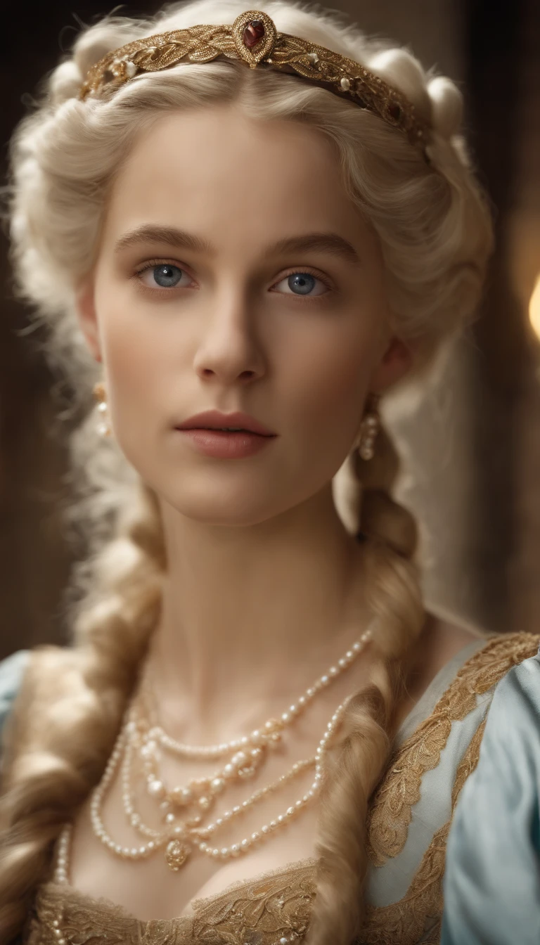 Imagem de um menino Valois, a young French courtesan of the sixteenth century of the thirteenth century, de 16 anos, com sua beleza e charme . Blonde with white hair and beautiful expressive blue curly eyes with small strands and braids. She is dressed in an exquisite dress with white details with pearls and gold, com um decote mergulhante e ombros a mostra. Joias finas, colar com muitas perolas e safiras, brincos de perolas e aneis em seus dedos. (melhor qualidade,ultra-realistic:1.2),A high resolution ,ultra-detalhado,
