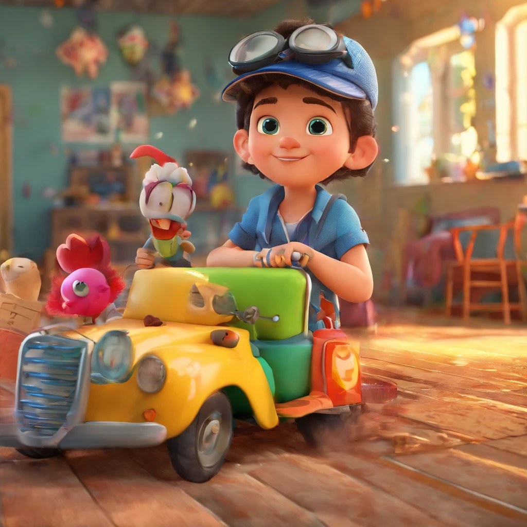 create a 3D movie poster inspired by Disney Pixar. The scene should be in Pixar's signature digital art style, with a studio image , reminiscent of an Amigurumi artisan with, cabelos cacheados loiro, dentro de seu local de trabalho.