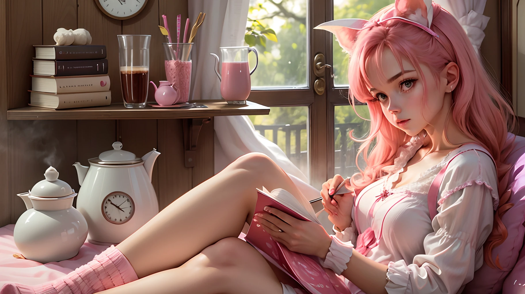 a woman sitting on a bed reading a book, 🎀 🍓 🧚, steaming coffee, poster, lv, triumphantly, pink, someone in home sits in bed, adorable and whimsical, looking in font of camera --auto --s2