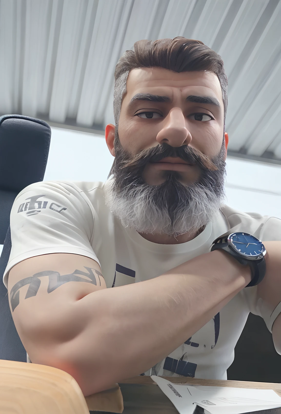 There's a man with a beard and a watch sitting on a chair, bearded and built, photo from behind, imagem de perfil, barba robusta, barba, Homens de 45 anos, barba grisalha, barba grisalha, arms crossed on chest, barba cinzenta aparada, pronto para o combate, 3 6 anos, 38 anos, pequena barba cinza escura tatuado