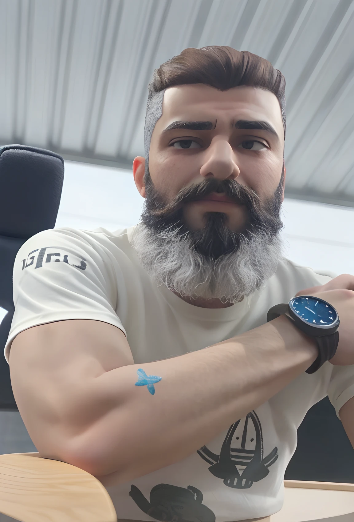 There's a man with a beard and a watch sitting on a chair, bearded and built, photo from behind, imagem de perfil, barba robusta, barba, Homens de 45 anos, barba grisalha, barba grisalha, arms crossed on chest, barba cinzenta aparada, pronto para o combate, 3 6 anos, 38 anos, pequena barba cinza escura tatuado