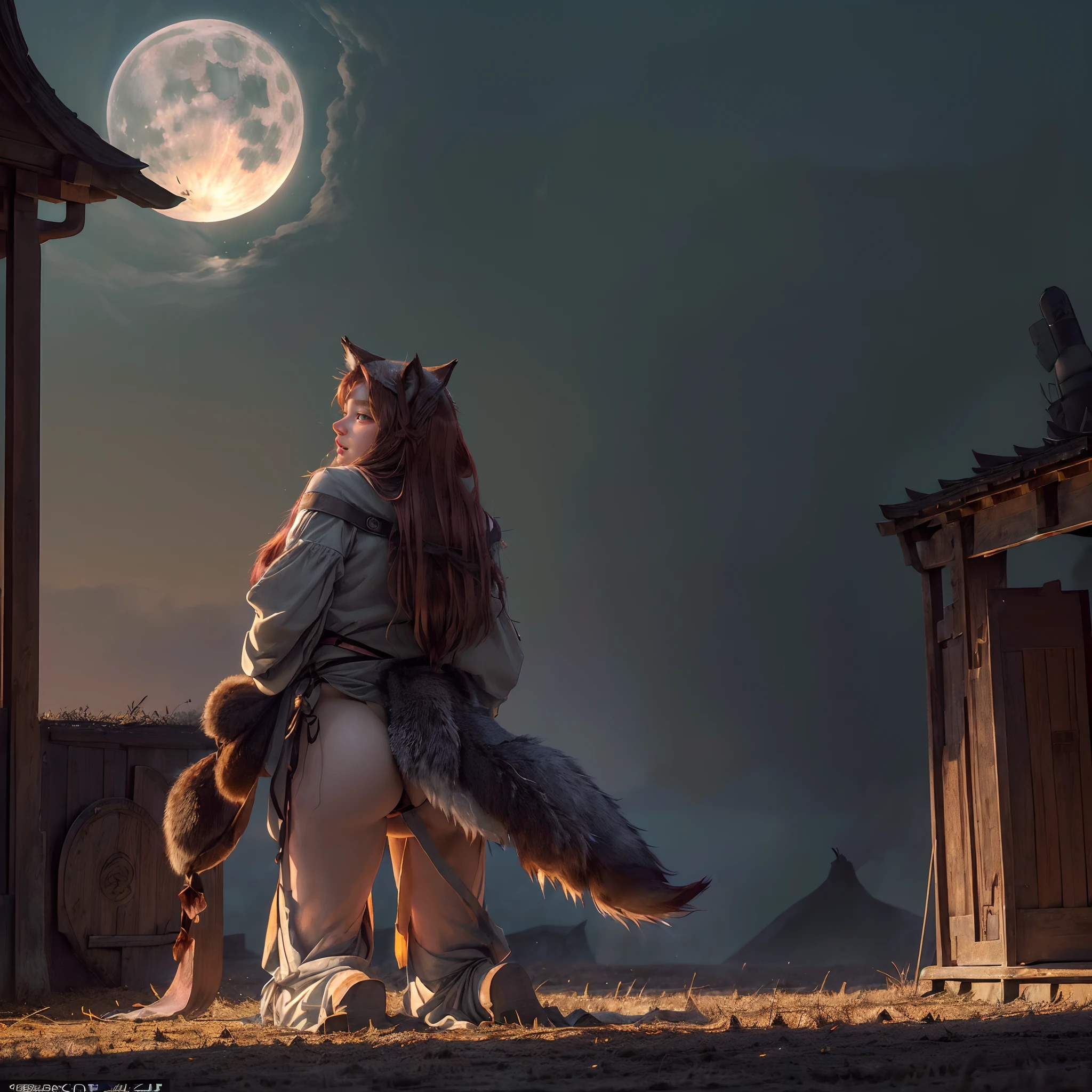 (((NSFW STILL SHOW, Holo the wise wolf、Spice and wolf、Cosplay))), ( ((wolf tail butt plug installed))), (masterpiece:1.2, best quality, photorealistic:1.37), {(Standing Full Body:1.2)|(from below:1.2)},extremely Detailed, Burning wheat field, bloody moon, centered, (tail, wolf tail, wolf tail anal plug),