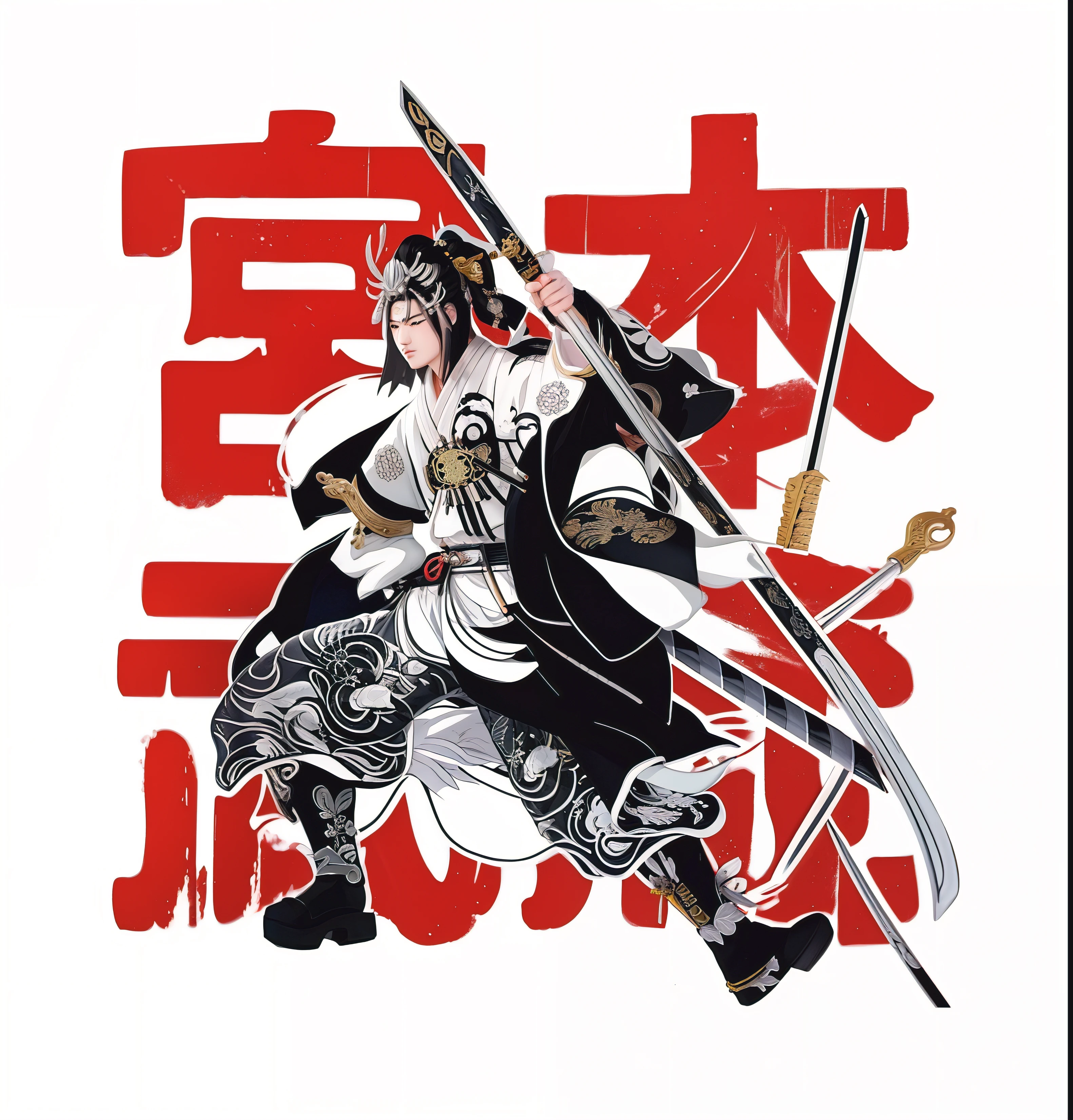 uma imagem em preto e branco de um homem com uma espada e um sinal, inspired by Kanō Hōgai, Sengoku - Era Estilo de Arte, inspired by Tōshūsai Sharaku, Arco Ashigaru, from sengoku period, japanese warrior, guerreiro samurai, inspired by Sesshū Tōyō, estilo samurai