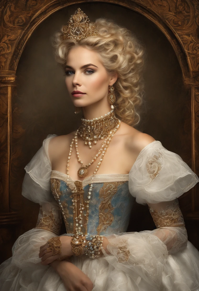 magem de um menino Valois, a young French courtesan of the sixteenth century of the thirteenth century, de 16 anos, com sua beleza e charme . Blonde with white hair and beautiful expressive blue curly eyes with small strands and braids. She is dressed in an exquisite dress with white details with pearls and gold, com um decote mergulhante e ombros a mostra. Joias finas, colar com muitas perolas e safiras, brincos de perolas e aneis em seus dedos. (melhor qualidade,ultra-realistic:1.2),A high resolution ,ultra-detalhado,