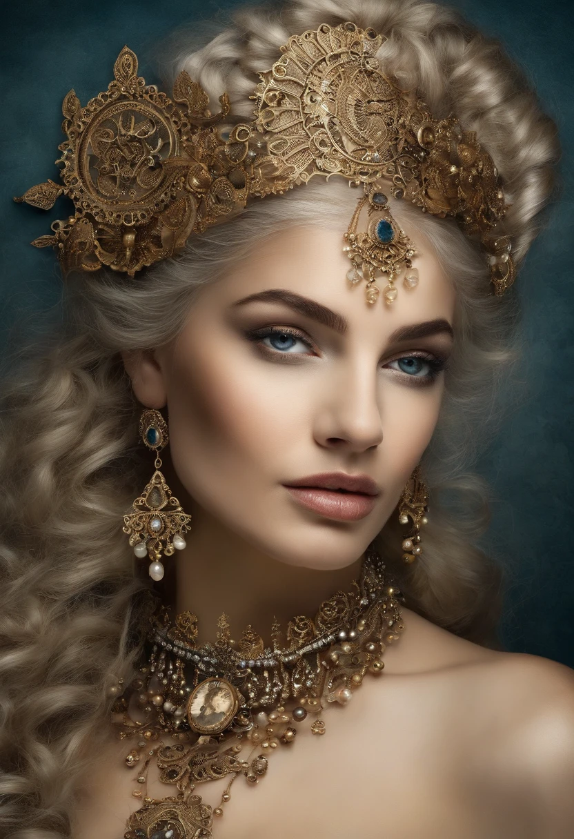 magem de um menino Valois, a young French courtesan of the sixteenth century of the thirteenth century, de 16 anos, com sua beleza e charme . Blonde with white hair and beautiful expressive blue curly eyes with small strands and braids. She is dressed in an exquisite dress with white details with pearls and gold, com um decote mergulhante e ombros a mostra. Joias finas, colar com muitas perolas e safiras, brincos de perolas e aneis em seus dedos. (melhor qualidade,ultra-realistic:1.2),A high resolution ,ultra-detalhado,