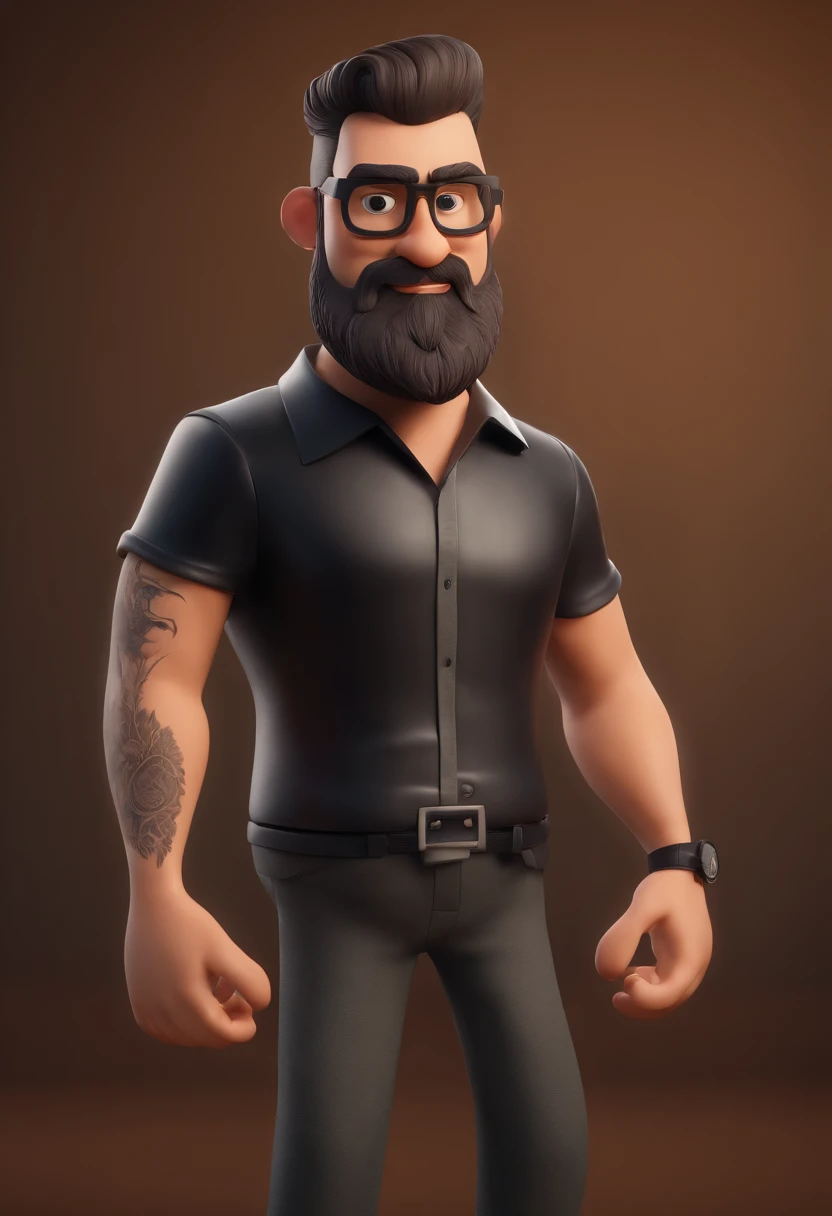 Cartoon character of a man with black glasses and a black polo shirt, cabelo liso, With beard and old school tattoo on his arm, animation character, Caractere estilizado, animation style rendering, 3D estilizado, Arnold Maya render, 3 d render stylized, toon render keyshot, Personagem 3D, Personagem 3D, 3d rendering stylized, 3 d character render, personagem de desenho animado, Personagem de close up, Pose de personagem, (Estilo Pixar) (master part:1.2) (Bokeh) (best quality) (pele detalhada) (textura detalhada) (8k) (argila) (Cinematic lighting) (foco nítido