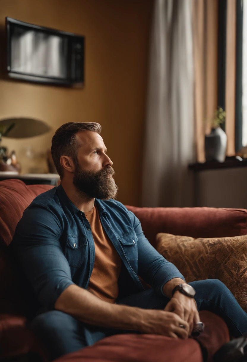 A bearded 43-year-old man sitting on the couch watching the football game