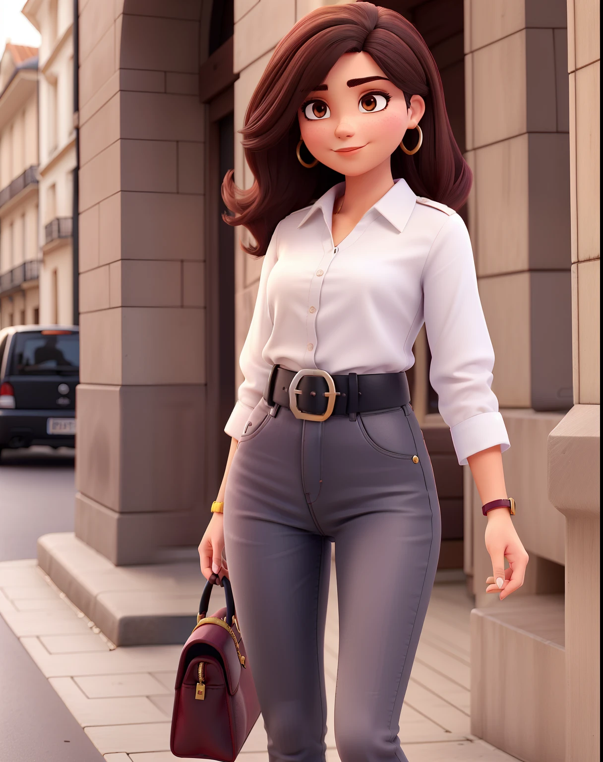 Uma mulher de 30 com apareceria bem jovem. Cabelo castanho natural, corte em camadas, tamanho longo. Rosto retangular e queixo repartido, lips a little voluminous and dark brown eyes, dark and medium eyebrows. She's wearing a white blouse, Black jeans and belt with large buckle. Scarpan shoes and handbag burgundy red. Andando pelas ruas de Paris.