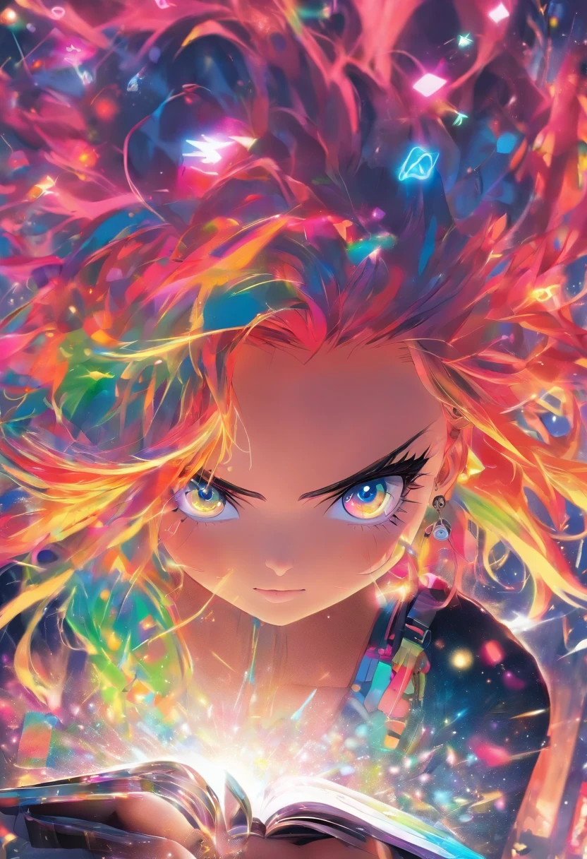 Very colorful and eye-catching image of gorgeous woman with rainbow colored hair, estilo punk lendo e-mails e mensagens em seu notebook, Behind it are several email logos