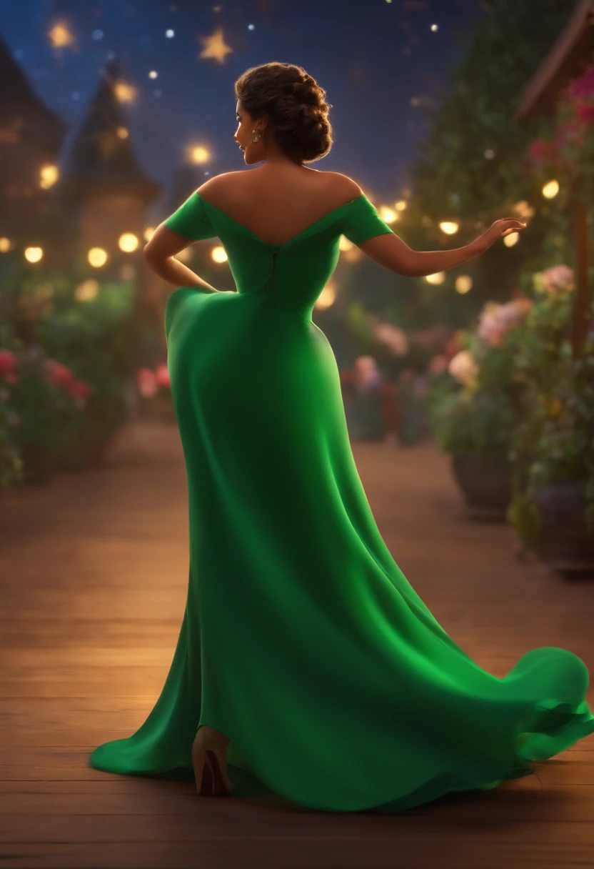 Um homem de terno, uma mulher de vestido de pregas verde , Dancing pants, em uma noite estrelada, Pixar Disney
