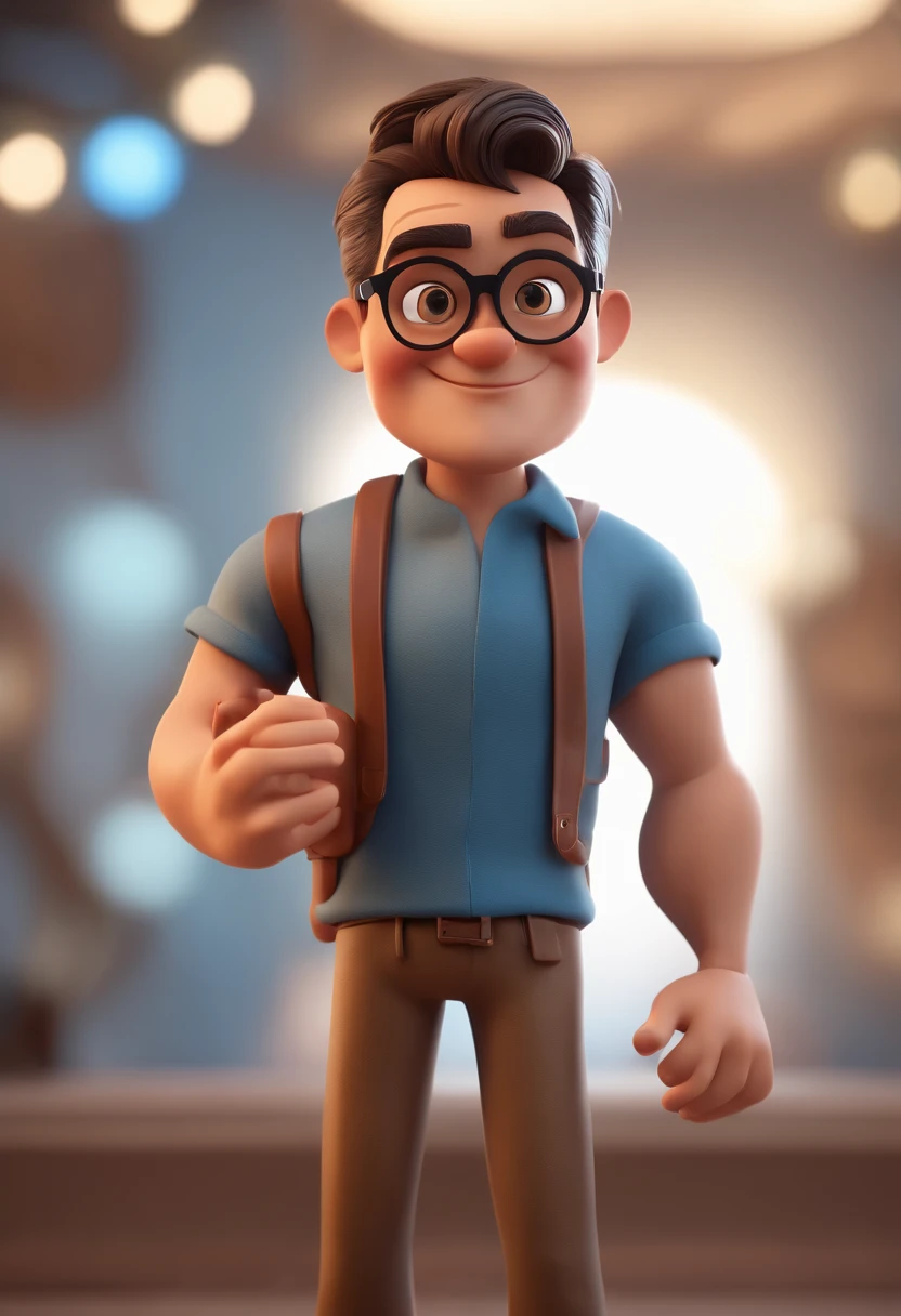 Cartoon character of a man with black glasses and a blue shirt, animation character, Caractere estilizado, animation style rendering, 3D estilizado, Arnold Maya render, 3 d render stylized, toon render keyshot, Personagem 3D, Personagem 3D, 3d rendering stylized, 3 d character render, personagem de desenho animado, Personagem de close up, Pose de personagem,  (Estilo Pixar) (master part:1.2) (Bokeh) (best quality) (pele detalhada) (textura detalhada) (8k) (argila) (Cinematic lighting) (foco nítido