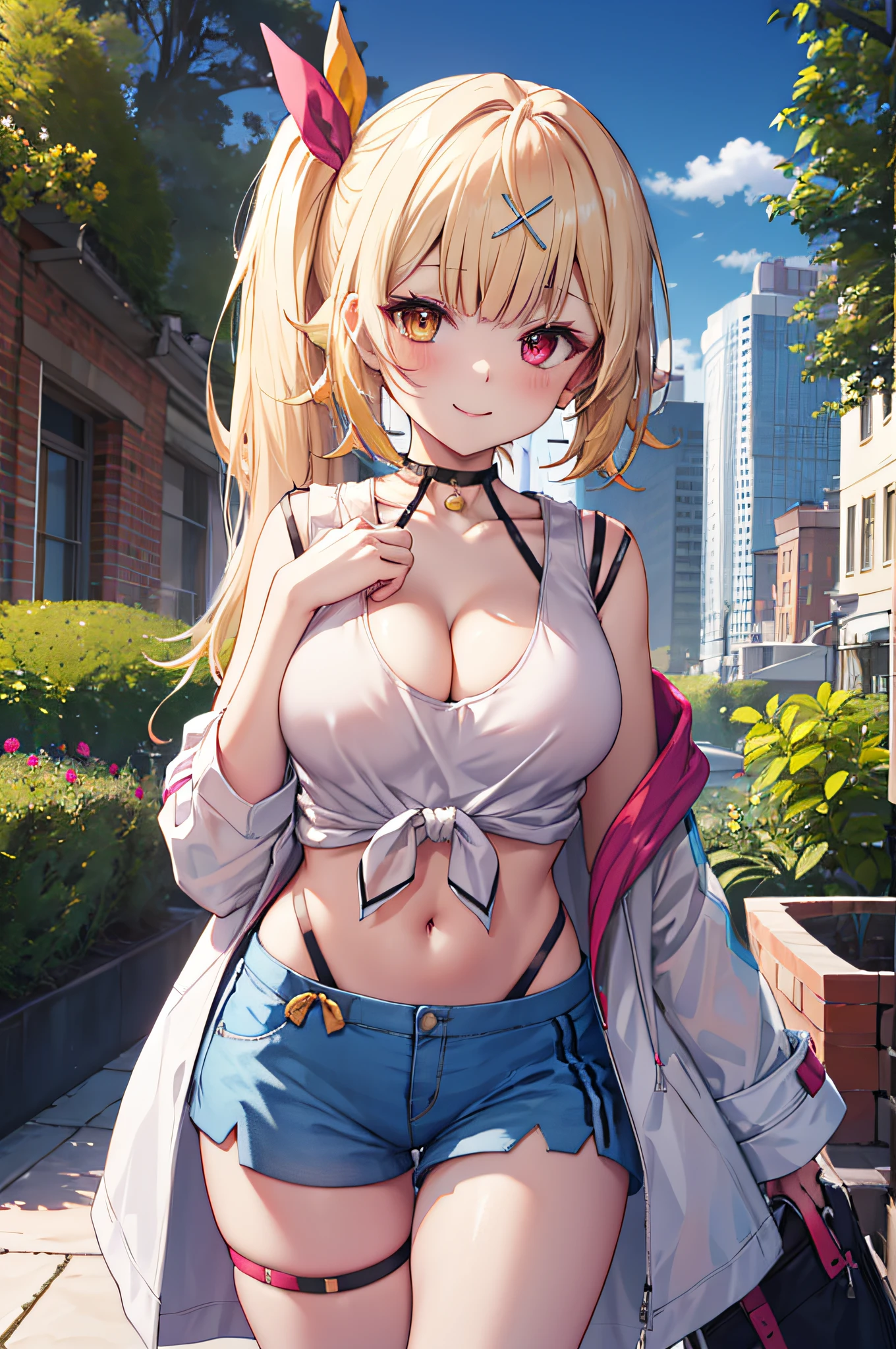 masterpiece, best quality, highres, hs1, red eyes, yellow eyes, side ponytail, x hair ornament, thigh strap, blue shorts, front-tie top, hair ribbon, midriff, short shorts, panty straps, white shirt, black choker, open jacket, cowboy shot, standing, smile, outdoors, garden, (nsfw:1.2), (black bra:1.2), (cleavage:1.3), (Breasts sticking out of shirts:1.5), (tank top:1.3),