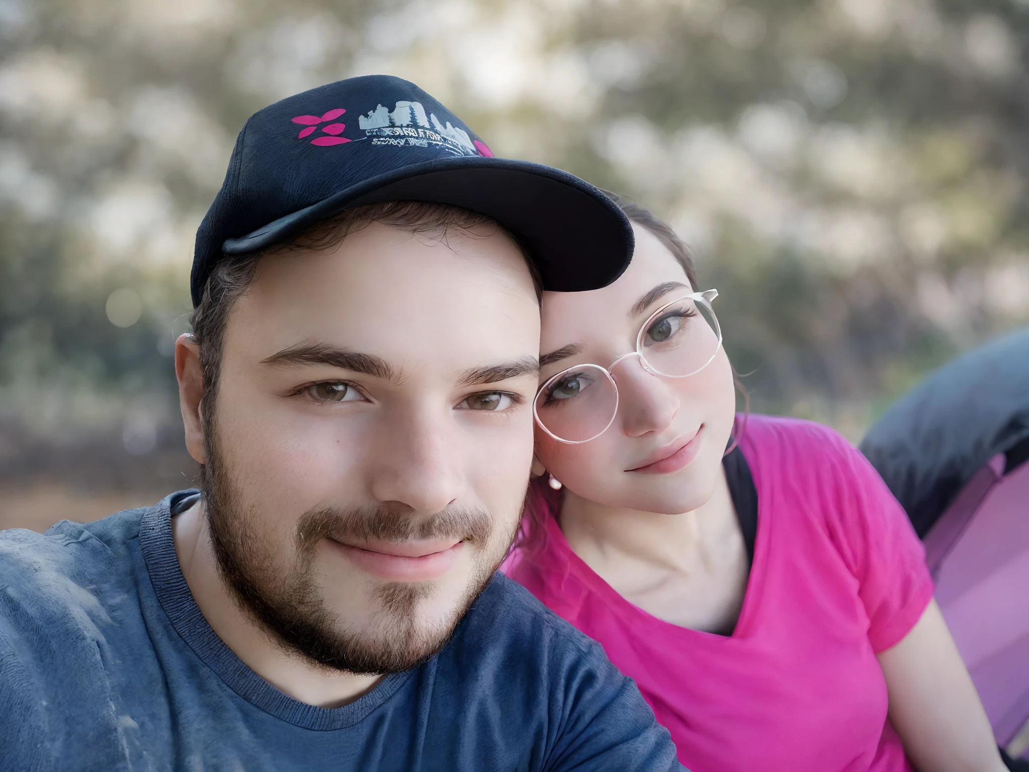 They're sitting together in a park with a pink umbrella, Fotografia Selfie 8k, Parque em segundo plano, Retrato de duas pessoas, photo from behind, imagem de perfil, Selfie, vacation photo, retrato de casal, Foto POV, foto Selfie, selfie shot straight on angle, foto retrato, com um parque ao fundo, com montanhas ao fundo, retrato de casais
