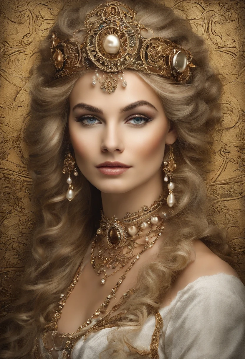 magem de um menino Valois, a young French courtesan of the sixteenth century of the thirteenth century, de anos, com sua beleza e charme . Blonde with white hair and beautiful expressive blue curly eyes with small strands and braids. She is dressed in an exquisite dress with white details with pearls and gold, com um decote mergulhante e ombros a mostra. Joias finas, colar com muitas perolas e safiras, brincos de perolas e aneis em seus dedos. (melhor qualidade,ultra-realistic:1.2),A high resolution ,ultra-detalhado,